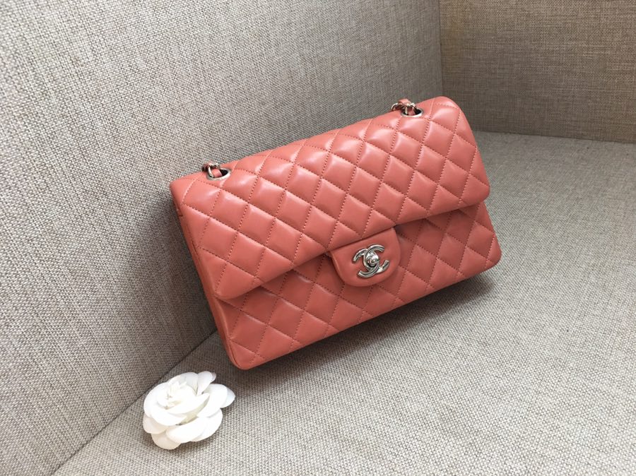 Medium Classic Flap Lambskin Bag AO1112 Cream Pink/Silver